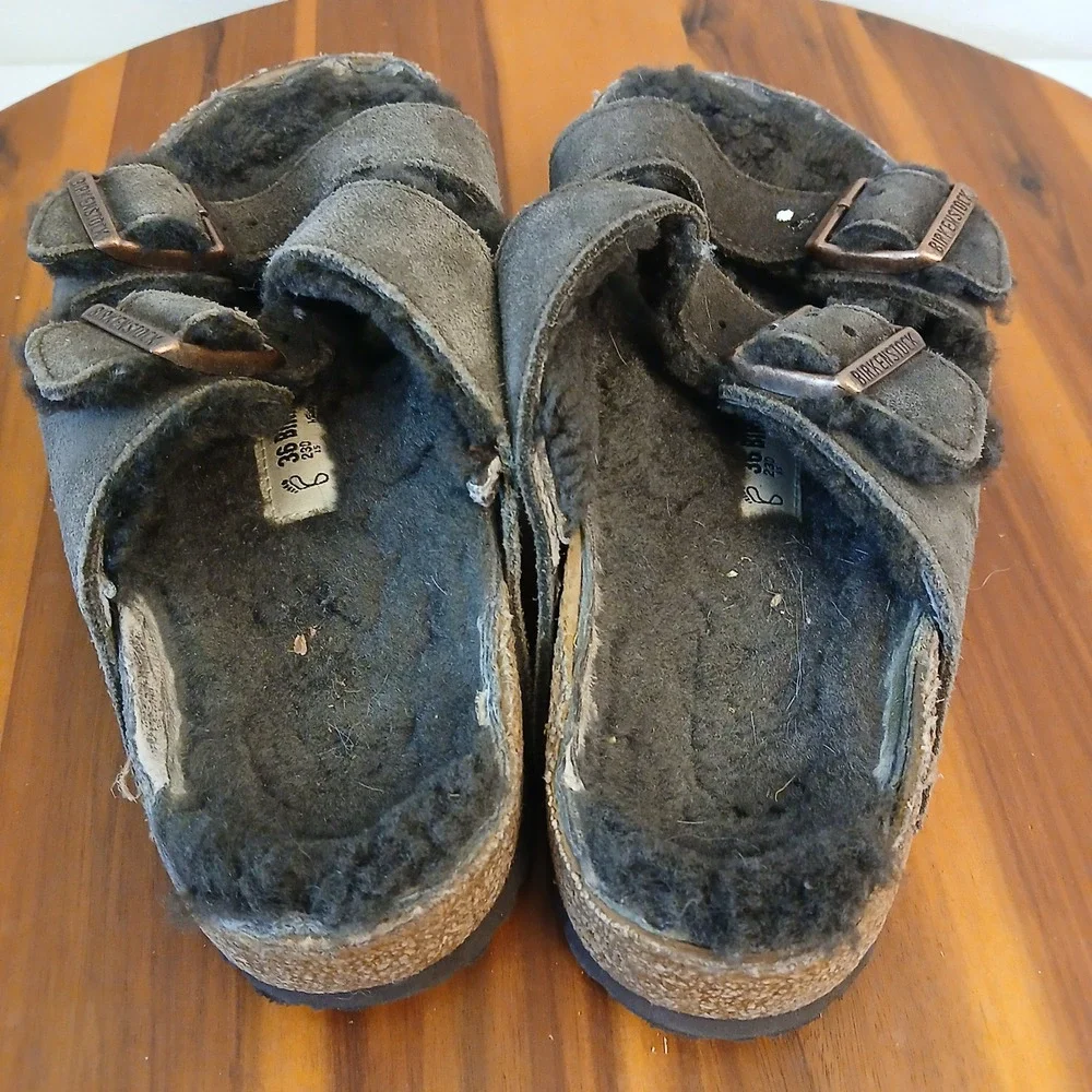 Birkenstock Arizona Sandals Mens 36 Black Shearling Lined Suede Two Strap Slide